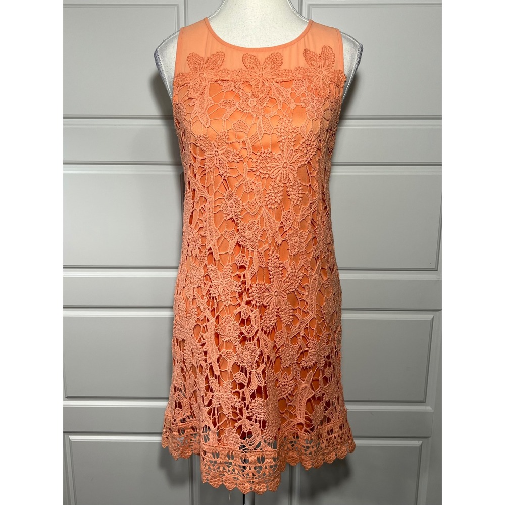Blu Pepper Orange Lace Crochet Overlay Shift‎ Dress Sleeveless Sheer Small